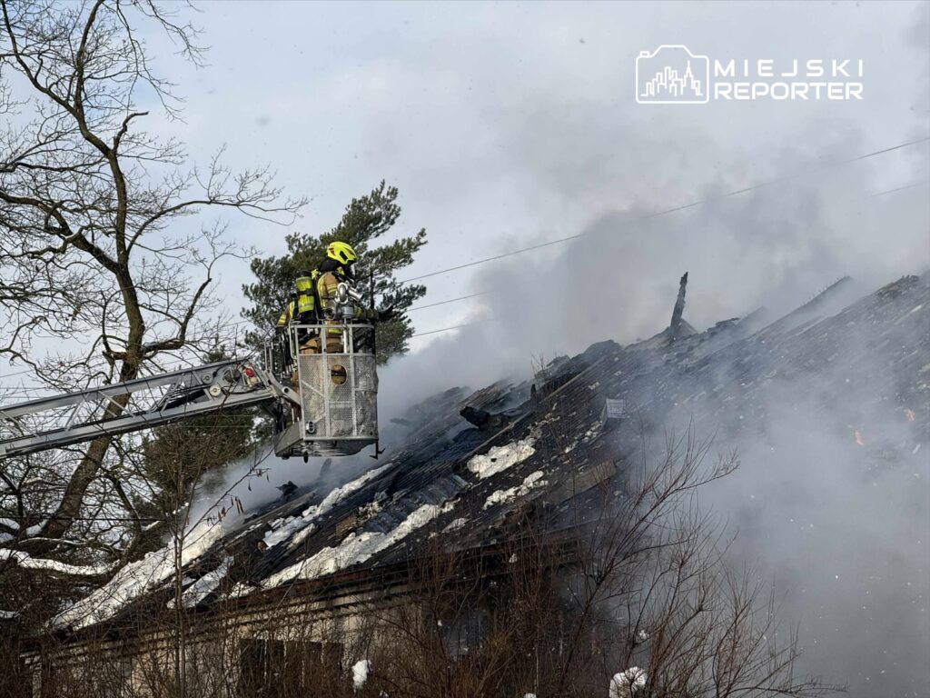 Strażak w hełmie na podnośniku gaśniczym gasi pożar dachu budynku, otoczonego dymem i drzewami.