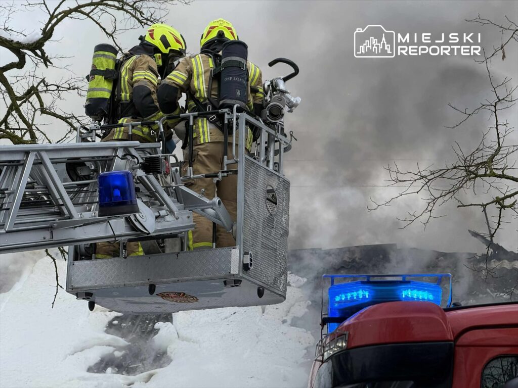 Strażacy w hełmach na podnośniku gaśniczym, obserwujący pożar w tle, otoczeni przez dym.