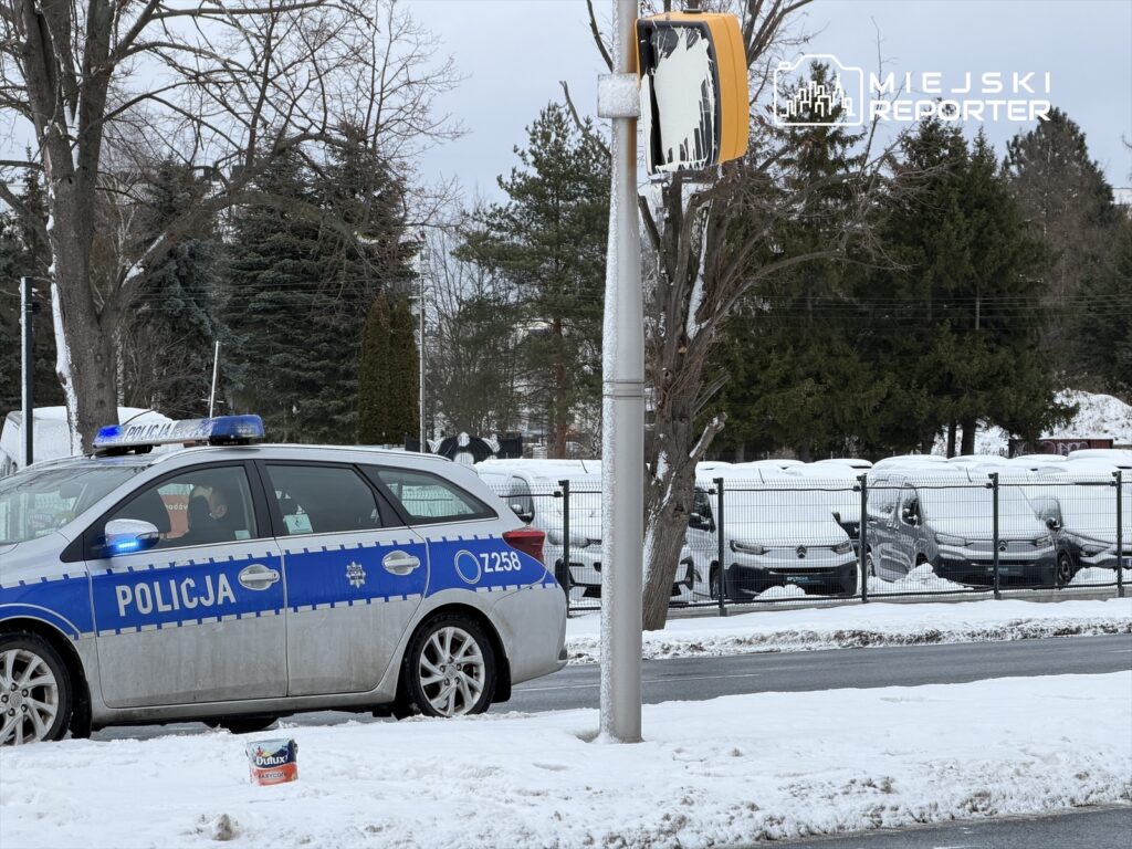 Policyjny radiowóz z niebieskim światłem stoi na zaśnieżonej ulicy obok ogrodzenia z białymi samochodami.
