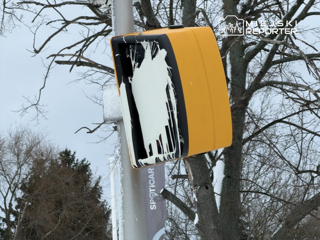 Zniszczony sygnalizator świetlny w zimowej scenerii, pokryty białą farbą, na tle nagich drzew.