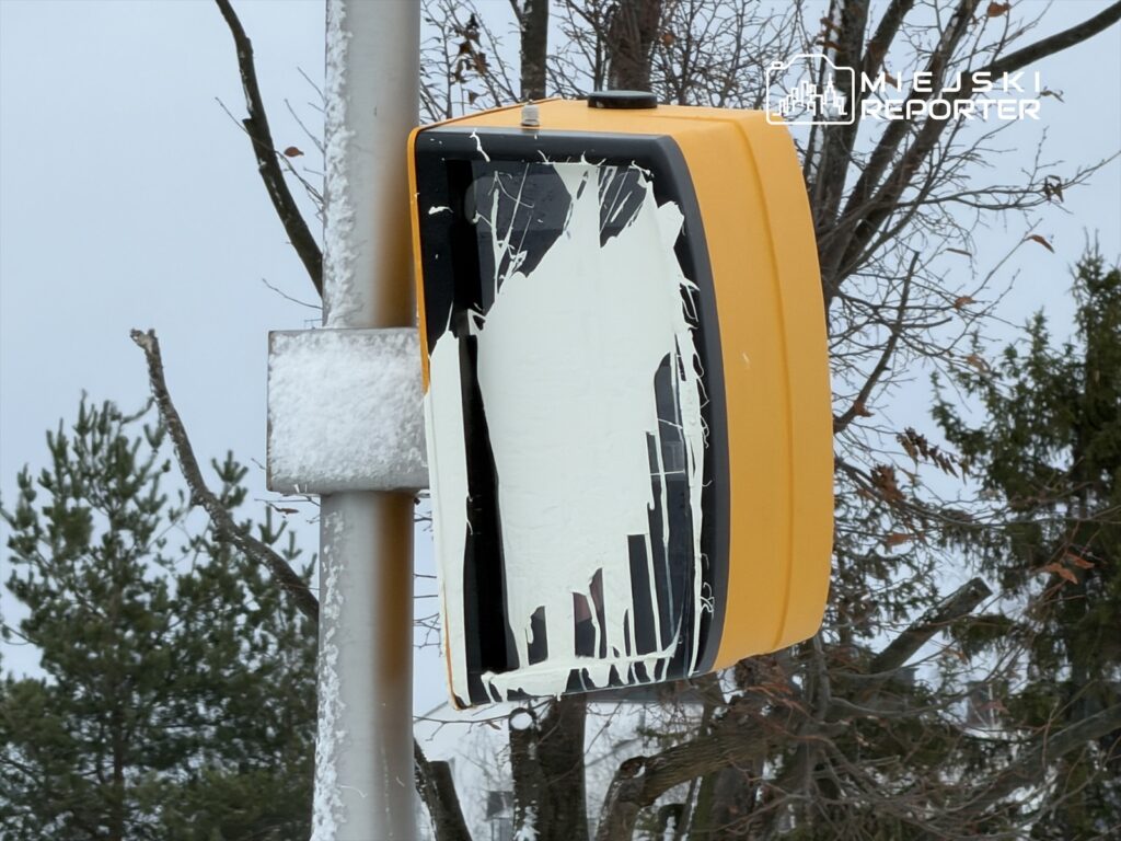 Zniszczony sygnalizator świetlny pokryty białą farbą, zamontowany na metalowym słupie w otoczeniu nagich drzew.