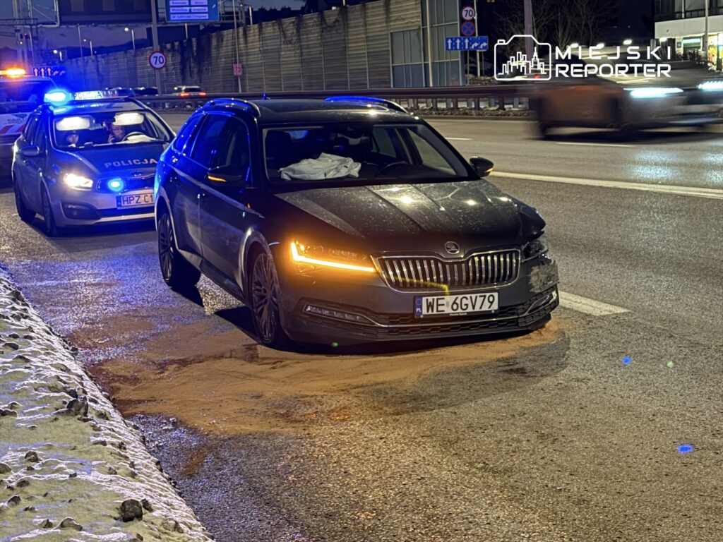 Czarny samochód osobowy stoi na drodze, obok radiowóz policji z włączonymi sygnałami świetlnymi.