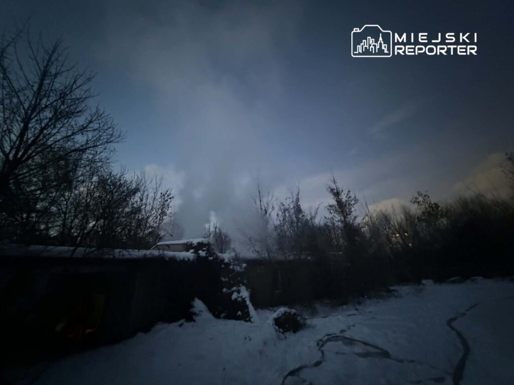 Zasypany śniegiem teren z drzewami w tle, w oddali widoczny dym unoszący się z budynku.