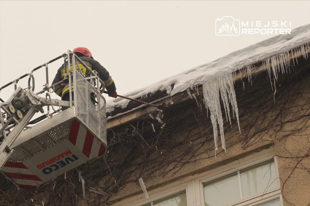 Strażak na podnośniku usuwa lód z dachu budynku pokrytego bluszczem w pochmurny dzień.