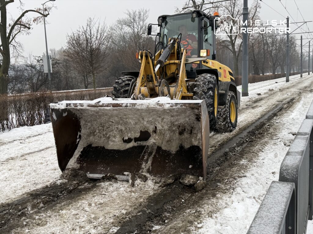 Ładowarka gąsienicowa odśnieża chodnik w zimowym otoczeniu, obok stoją gołe drzewa i słupki oświetleniowe.