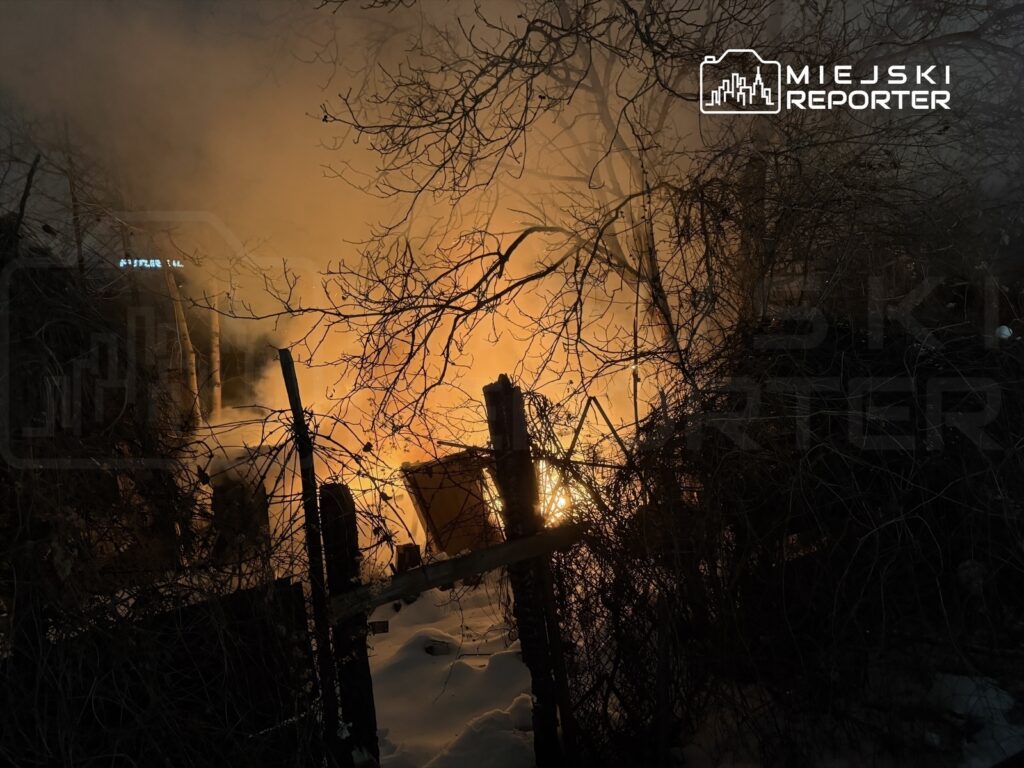 Ognisko pożaru otoczone gałęziami drzew i ogrodzeniem, w tle widoczny pomarańczowy blask oraz dym.