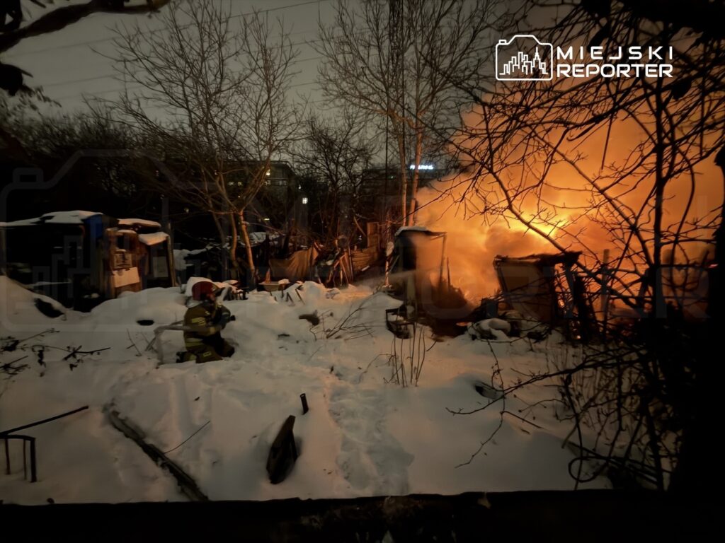 Strażak w mundurze gasi ogień w zaroślach, otoczony śniegiem i dymem w nocy.