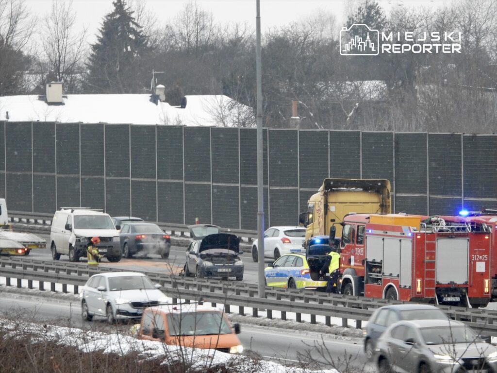 Na drodze stoi ciężarówka i kilka samochodów osobowych, a służby ratunkowe udzielają pomocy poszkodowanym w wypadku.