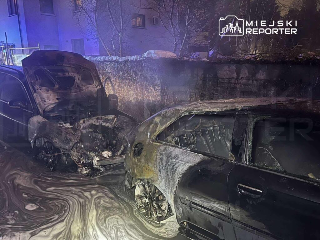 Spalone samochody stoją na poboczu, pokryte warstwą czarnego dymu i płynów, w tle widoczne drzewa i budynki.