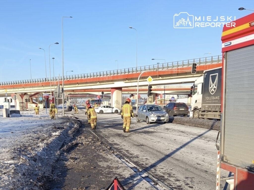Grupa strażaków w mundurach usuwa zanieczyszczenia z jezdni pod wiaduktem w słoneczny dzień.
