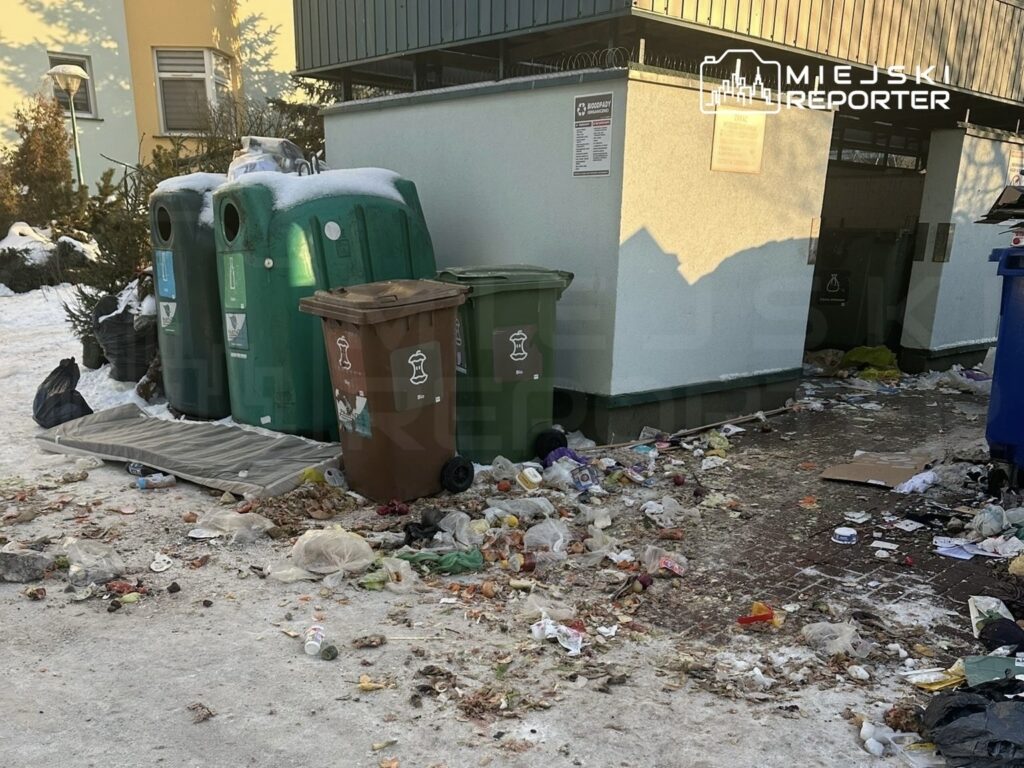 Zabrudzone miejsce z różnorodnymi odpadami wokół pojemników na śmieci w zimowym otoczeniu.