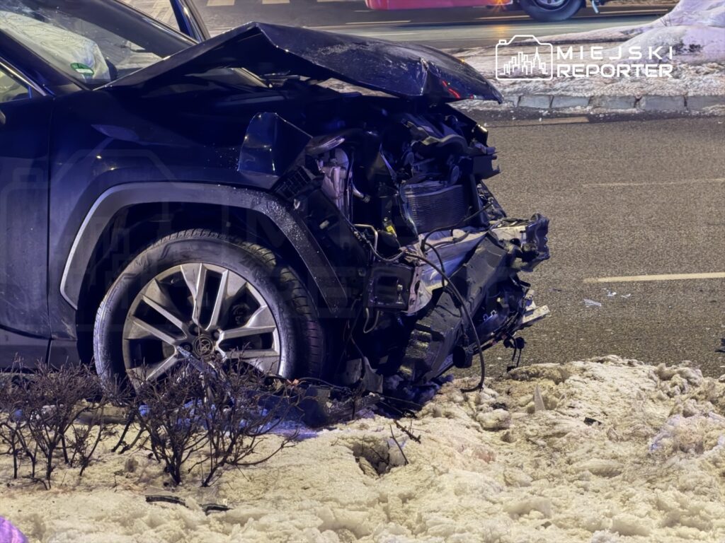 Uszkodzony samochód osobowy z zniszczonym tyłem stoi na zaśnieżonym poboczu drogi, obok krzewów.