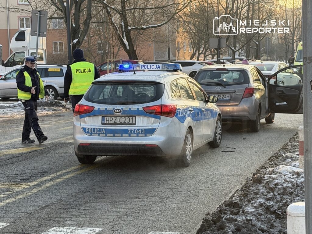 Dwaj policjanci w kamizelkach odblaskowych prowadzą czynności na miejscu kolizji drogowej, obok radiowozu.