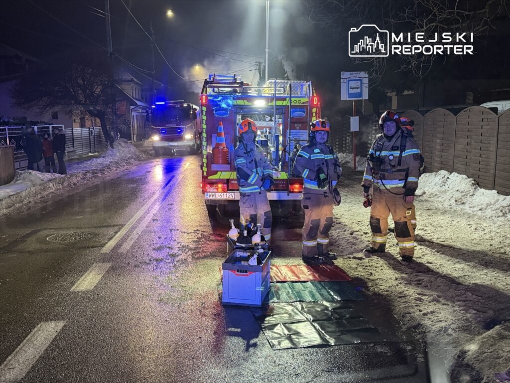 Strażacy w pełnym rynsztunku przygotowują sprzęt na oświetlonej, mokrej ulicy w nocy, obok wozu strażackiego.