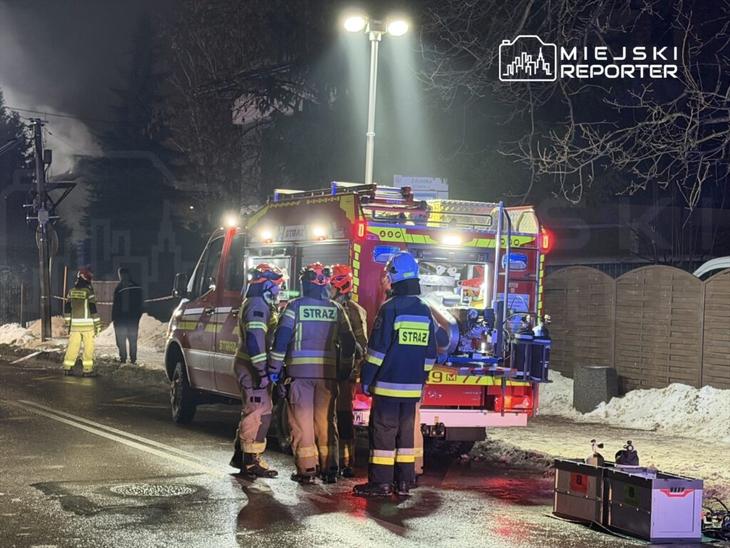 Grupa strażaków w mundurach z logo "STRAŻ" omawia sytuację obok wozu strażackiego, w tle widoczne dymiące miejsce.