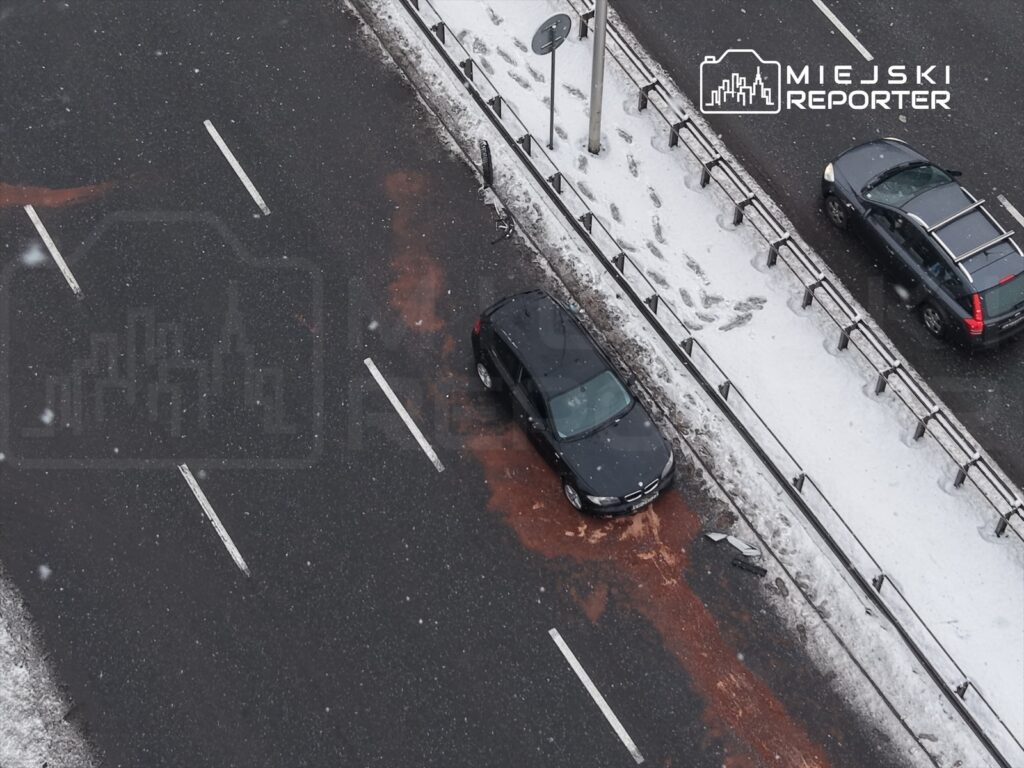 Czarny samochód osobowy zaparkowany na poboczu drogi, obok widoczne ślady krwi na asfalcie, w tle padający śnieg.