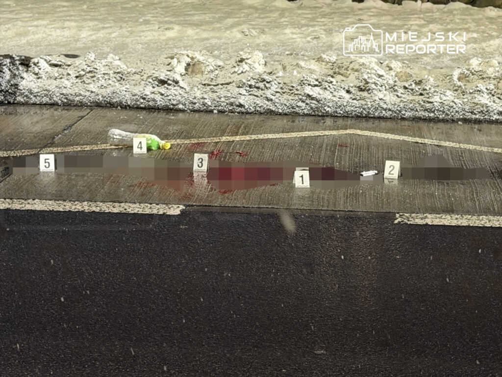 Na jezdni leżą numery oznaczające ślady zdarzenia, obok butelka i plamy krwi.