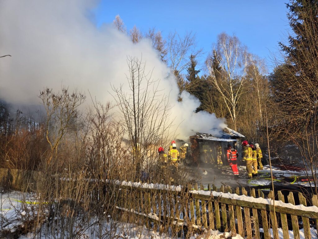 Grupa strażaków w specjalnych ubraniach prowadzi działania gaśnicze w pobliżu palącego się budynku otoczonego drzewami.