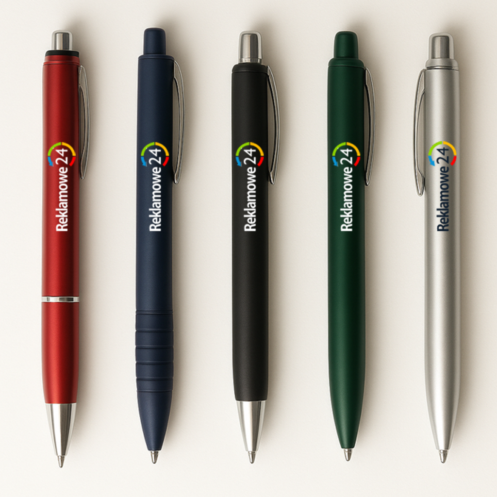 Pięć długopisów w różnych kolorach z logo "Reklamowe 24" ustawionych na jasnym tle.