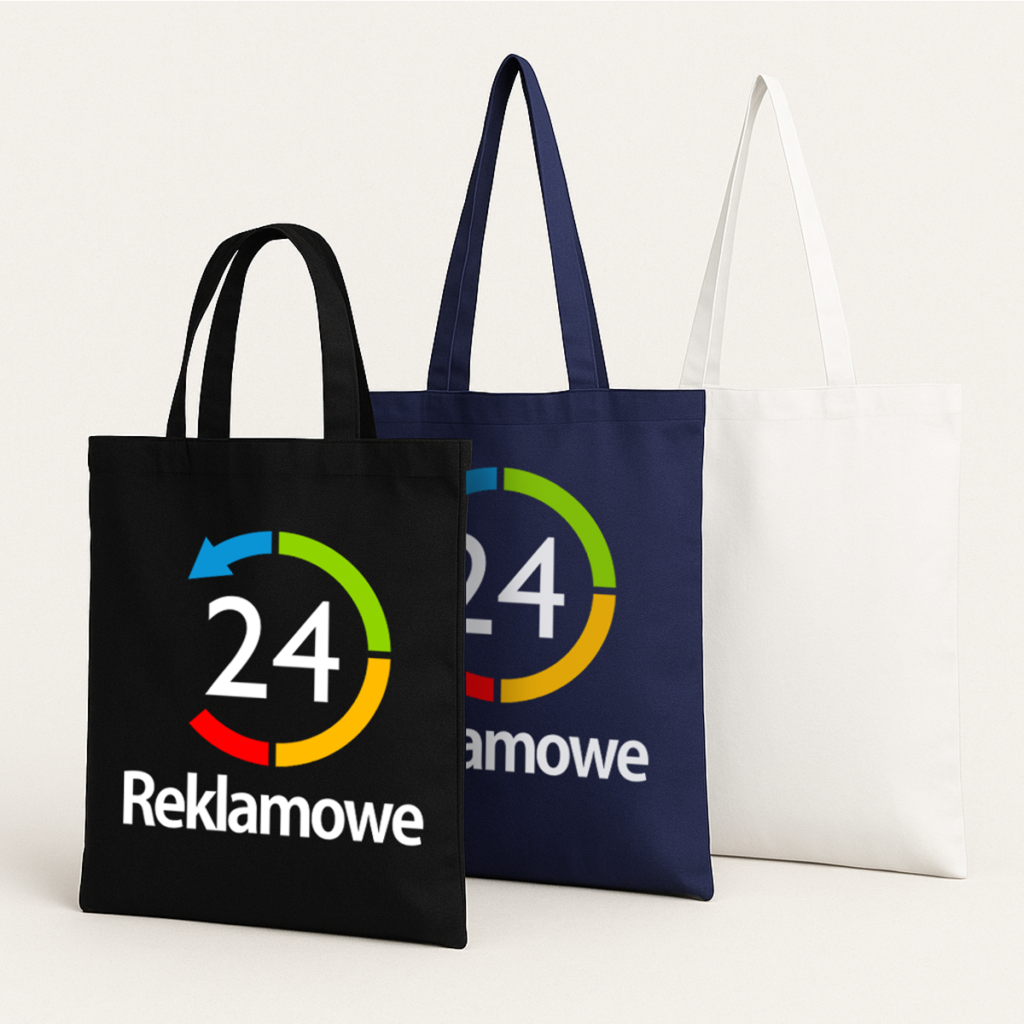 Trzy torby materiałowe w różnych kolorach (czarna, granatowa, biała) z logo „24 Reklamowe”.