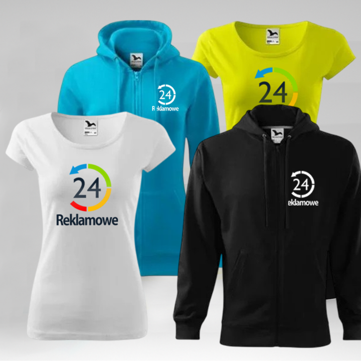 Koszulki i bluzy w różnych kolorach z logo "24 Reklamowe" na przodzie, ułożone na szarym tle.