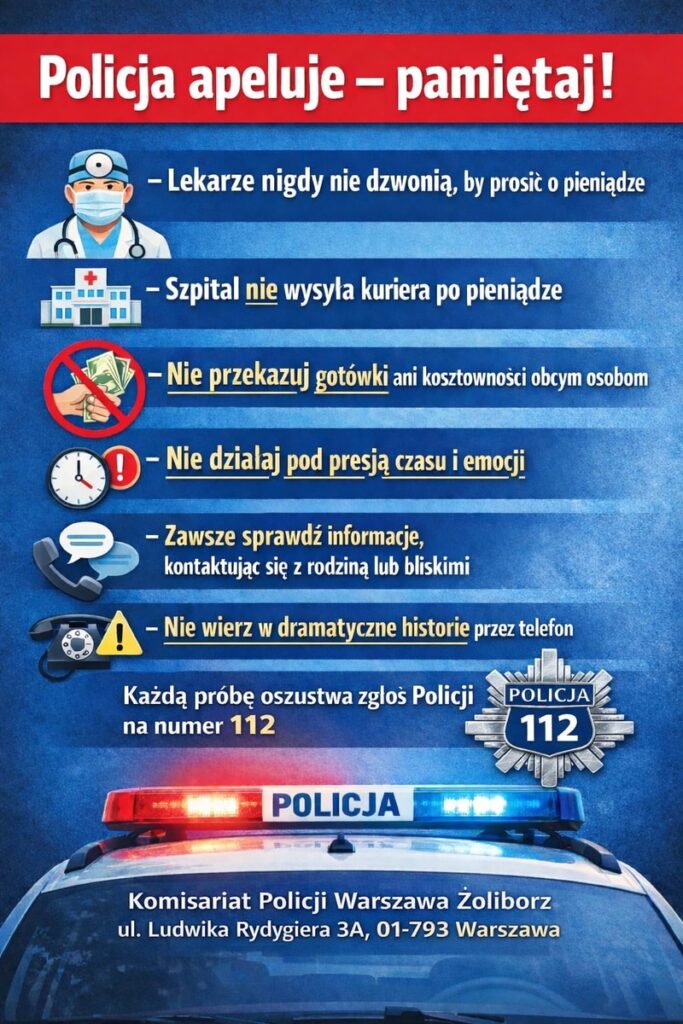 Plakat informacyjny z apelami policji, zawierający zasady dotyczące unikania oszustw telefonicznych.