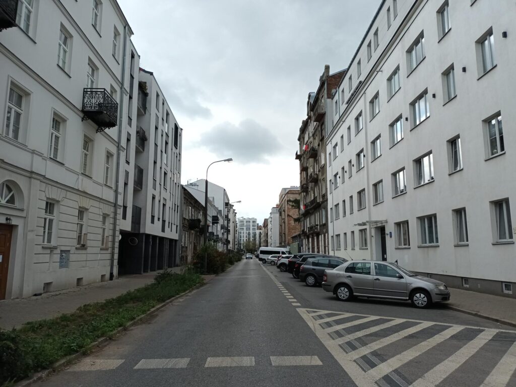 Ulica z nowoczesnymi i klasycznymi budynkami mieszkalnymi, zaparkowane samochody oraz chmurne niebo.