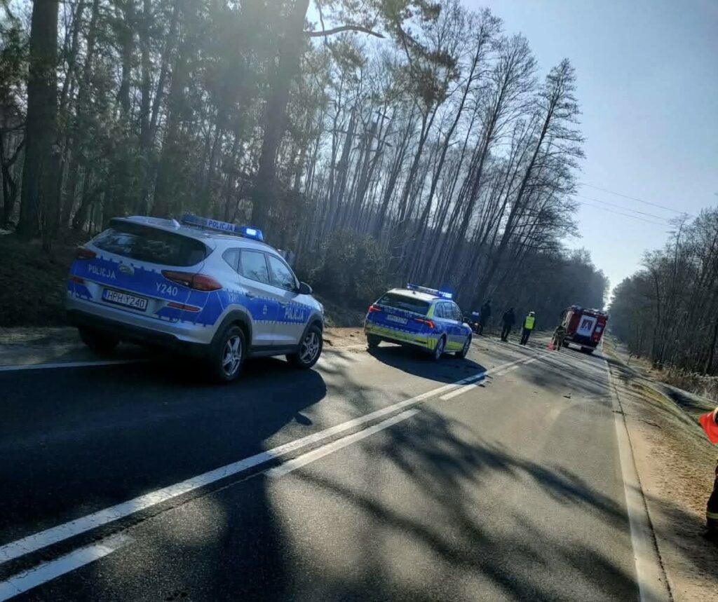 Dwa radiowozy policyjne z włączonymi sygnałami świetlnymi zatrzymane przy drodze w lesie, obok straży pożarnej i funkcjonariuszy.
