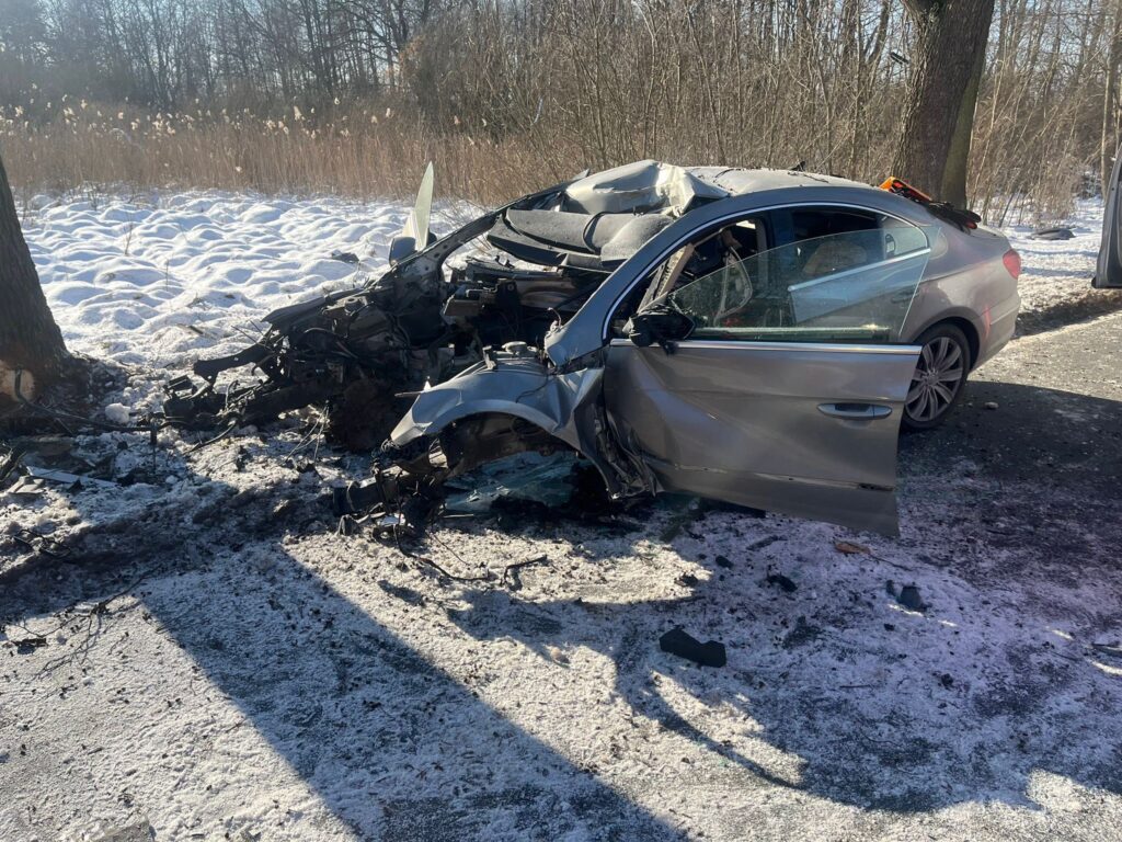 Samochód osobowy rozbity na poboczu drogi, zniszczony przód i otwarte drzwi, w tle zamarznięta trawa i drzewa.