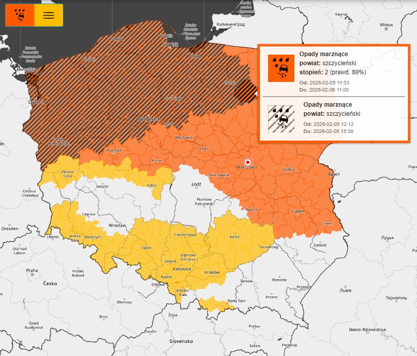 Mapa Polski z oznaczeniami opadów marznących w różnych kolorach, z informacjami o stopniu zagrożenia.