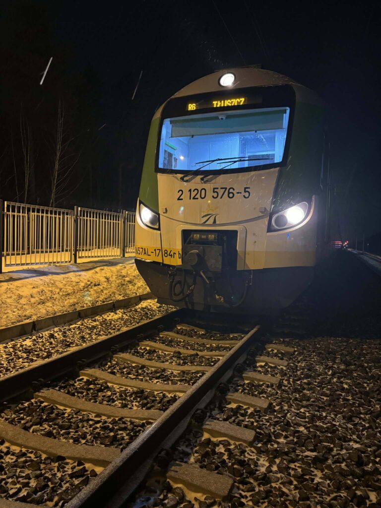 Pociąg osobowy stojący na stacji w nocy, oświetlony niebieskim światłem, z widocznymi torami i otoczeniem leśnym.