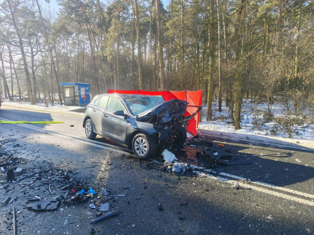 Zniszczony samochód osobowy leży na drodze, otoczony przez resztki wraku oraz oznaczenia policyjne, w lesie.