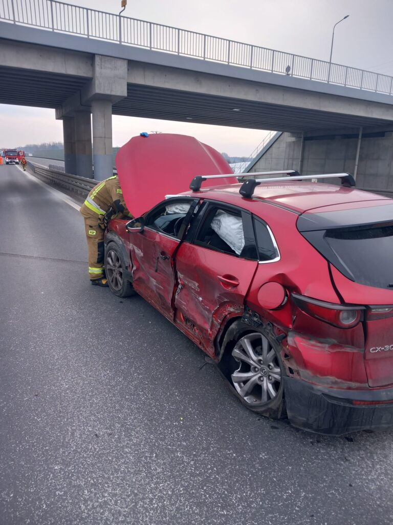 Strażak sprawdza uszkodzone auto osobowe na drodze pod mostem, obok widać inne pojazdy ratunkowe.