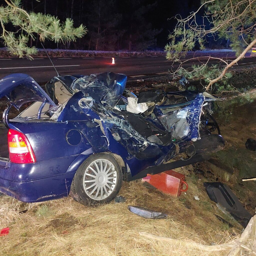 Zniszczony niebieski samochód osobowy w rowie, z uszkodzoną tylną częścią, otoczony przez drzewa i trawę.