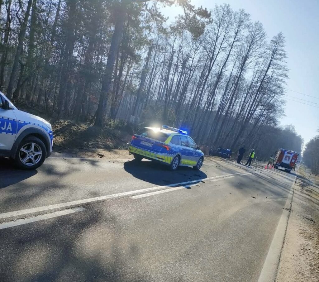 Policyjny radiowóz z włączonymi sygnałami świetlnymi zatrzymany na drodze, obok strażacy i funkcjonariusze w mundurach.
