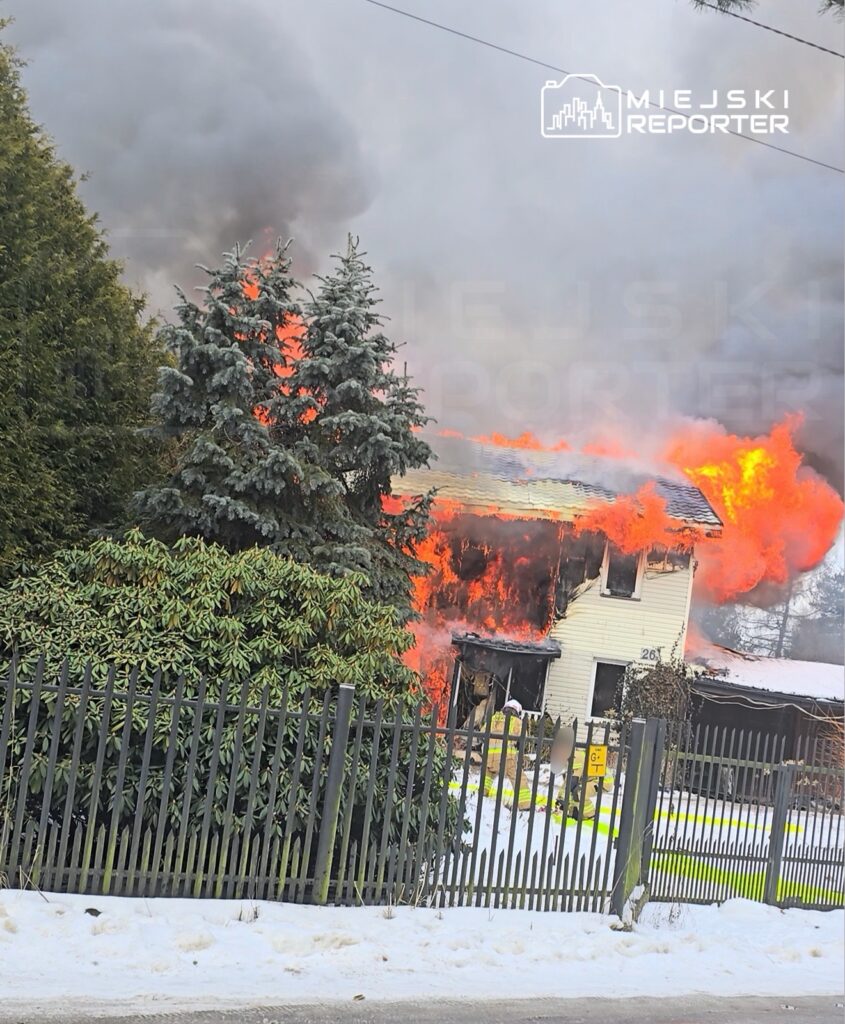 Płonący dom z intensywnym ogniem i dymem, otoczony przez zimozielone rośliny i ogrodzenie.