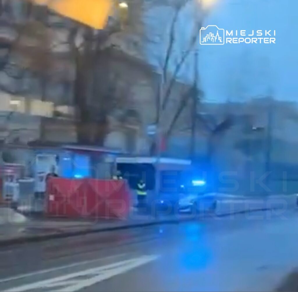 Funkcjonariusze policji pracują na miejscu zdarzenia, obok radiowozu z włączonymi sygnałami świetlnymi.