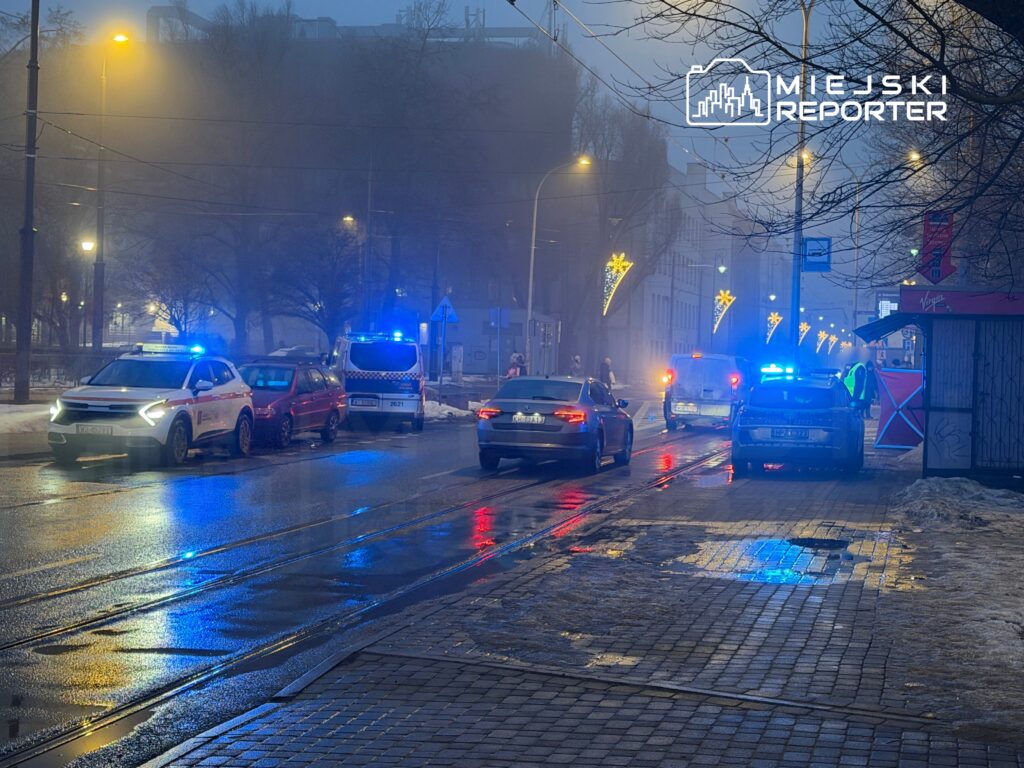 Policyjne samochody z niebieskimi światłami zaparkowane na mokrej ulicy w mglisty wieczór, obok stojących pojazdów.