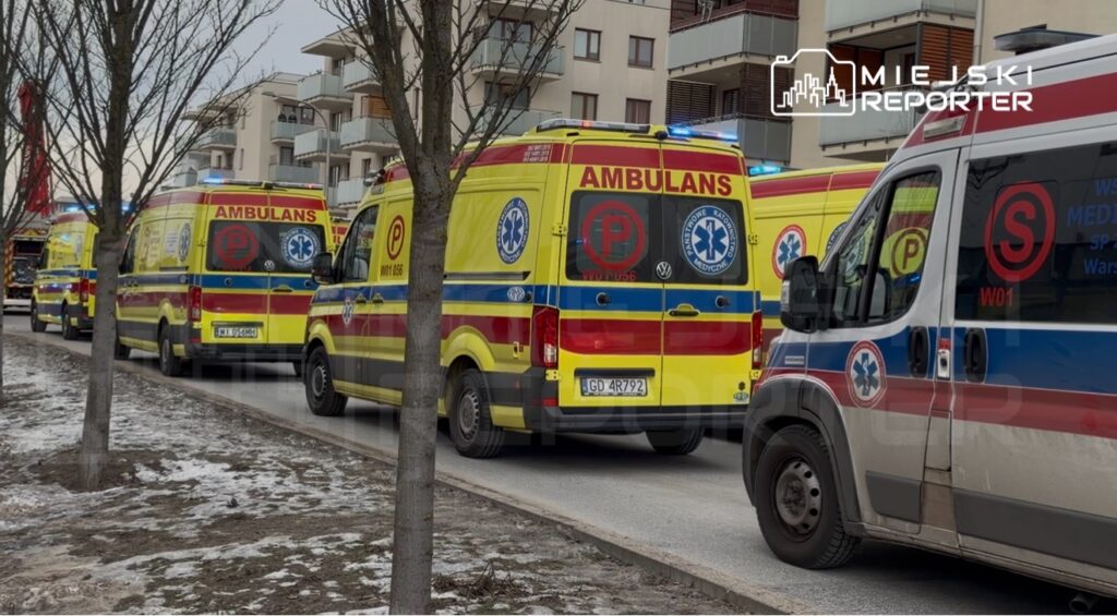 Rząd ambulansów w kolorze żółto-czerwonym zaparkowanych wzdłuż chodnika w miejskim otoczeniu.