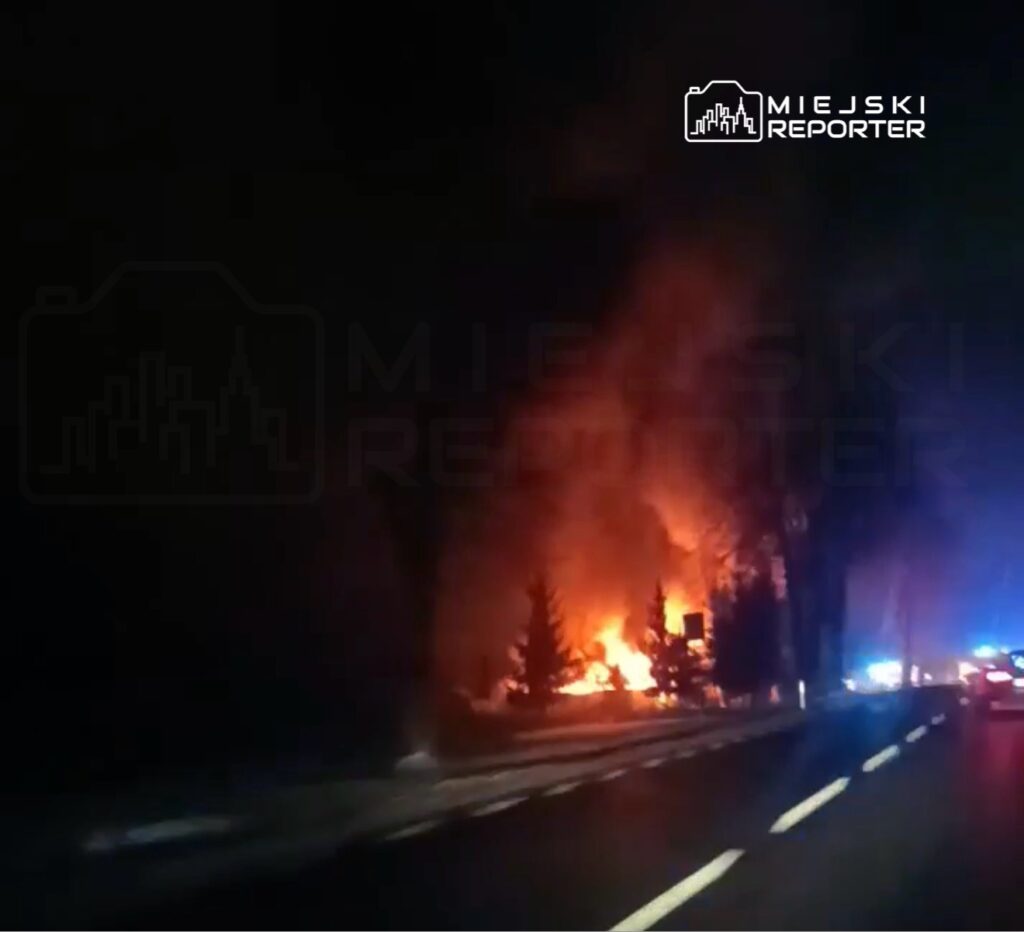 Pożar w lesie, z intensywnym ogniem i dymem, widoczny w ciemności. W tle migające światła pojazdów strażackich.