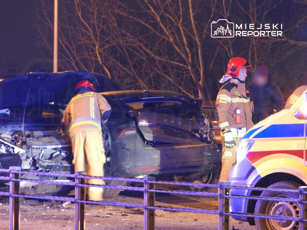 Strażacy pracują przy uszkodzonym pojeździe na drodze, obok stoi ambulans, w tle widać drzewa.