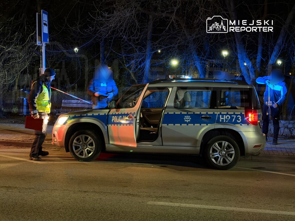 Policjant w kamizelce odblaskowej prowadzi kontrolę obok radiowozu policyjnego na oświetlonej ulicy nocą.