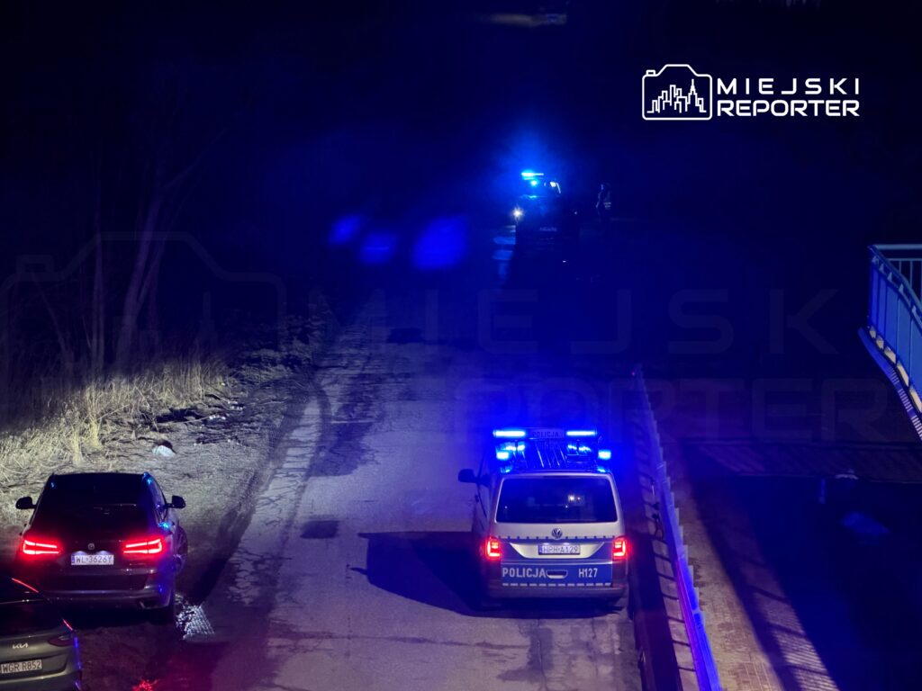 Policyjny radiowóz z niebieskimi światłami stoi na ciemnej drodze, obok zaparkowane samochody.