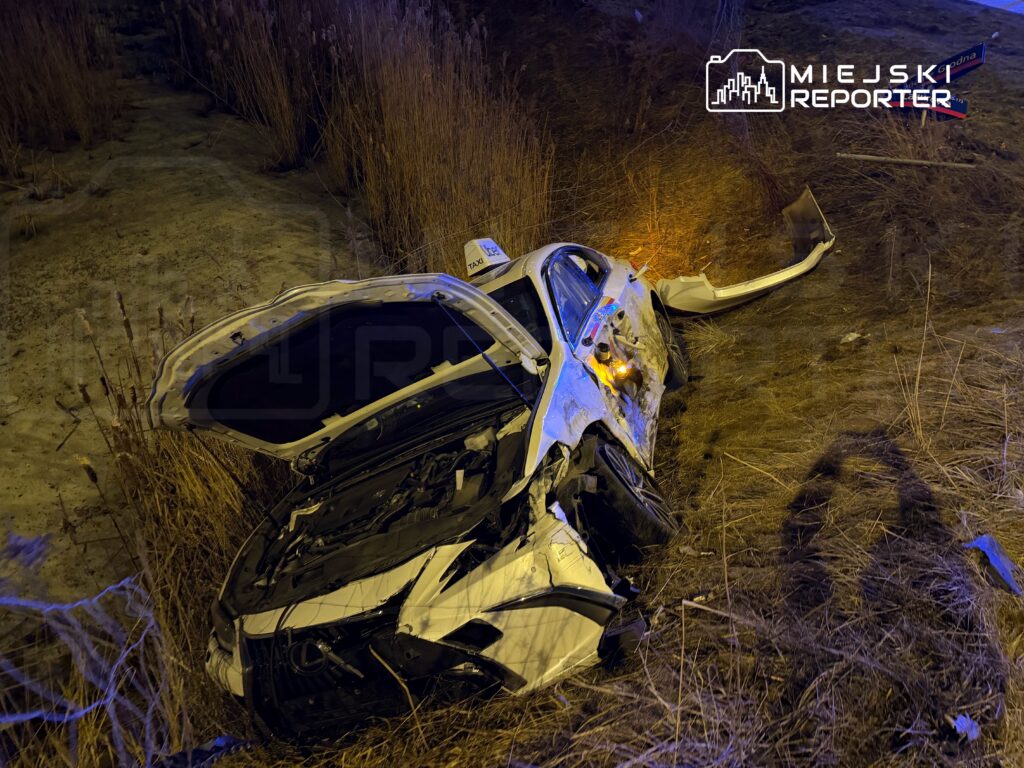 Rozbity samochód osobowy leży na poboczu drogi, otoczony wysoką trawą, z otwartą maską.