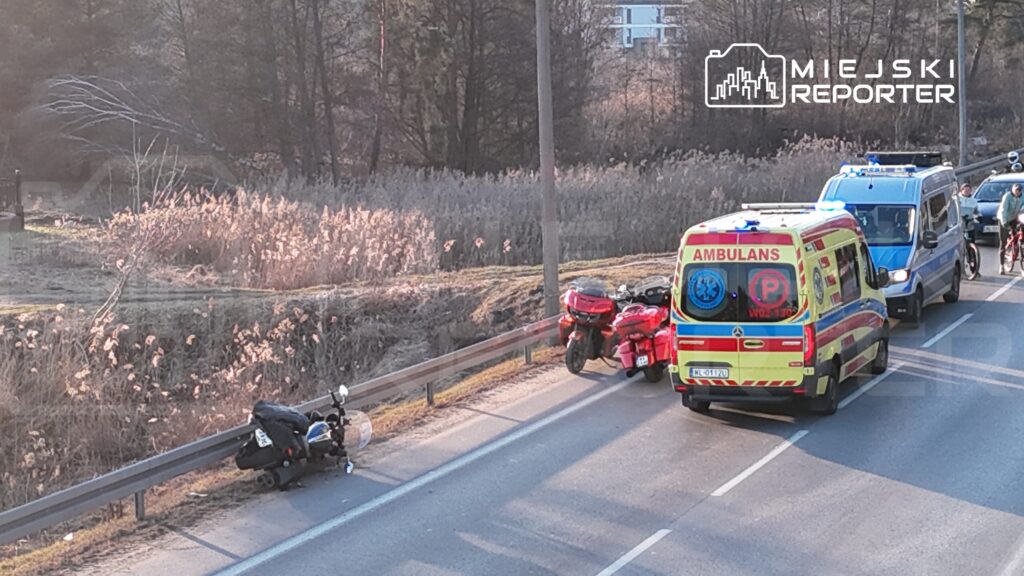 Na poboczu drogi leży przewrócony motocykl, obok zatrzymany ambulans i policyjny furgon. W tle widać zarośla.