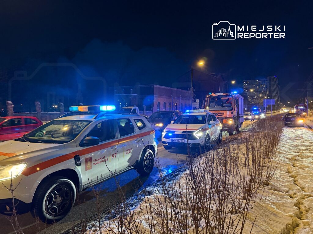 Policyjny radiowóz z niebieskimi światłami zatrzymany obok drogi, obok którego stoi pojazd służb miejskich w nocy.