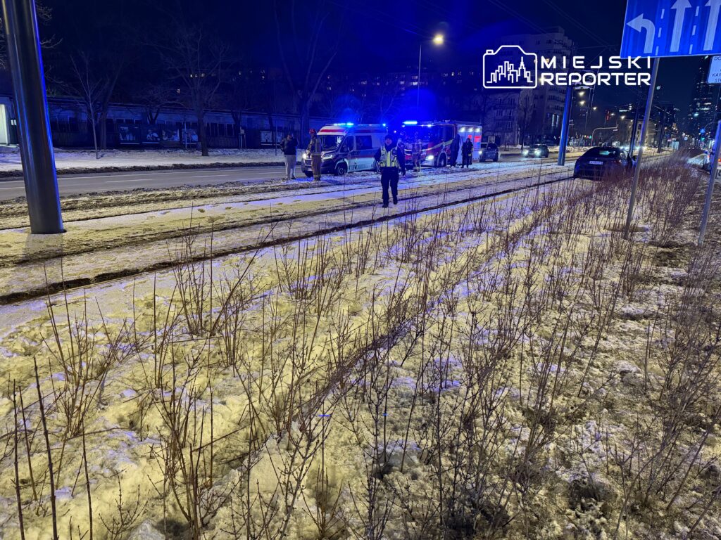 Na ośnieżonej ulicy w nocy, zespół ratunkowy obsługuje incydent, obok widać policyjny radiowóz.