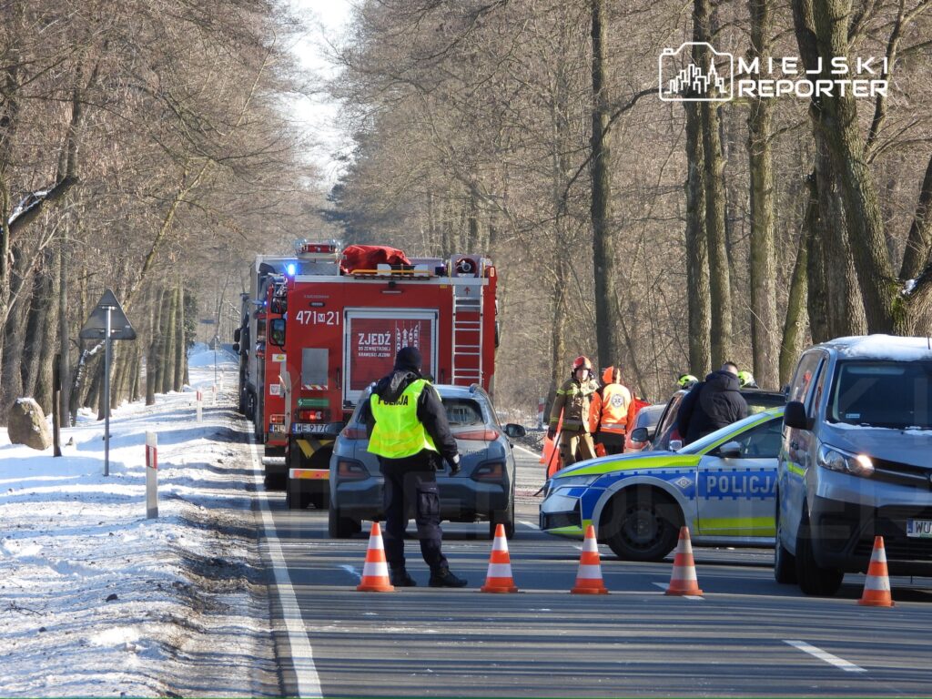 Grupa ratowników i policjantów pracuje na drodze, obok wozu strażackiego, w otoczeniu śnieżnych drzew.