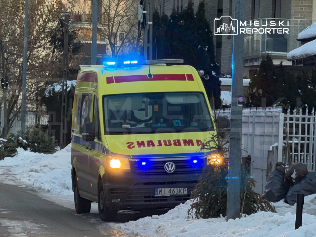 Ambulans z włączonymi sygnałami świetlnymi zatrzymany na zaśnieżonej ulicy. W tle widoczne domy i zarośla.