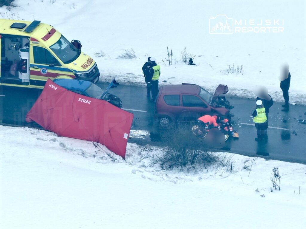 Na drodze w zimowym otoczeniu ratownicy medyczni udzielają pomocy poszkodowanemu przy uszkodzonym pojeździe.